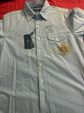 Ralph Lauren Light Blue 'Love Not War' Button-Down Shirt with Crest